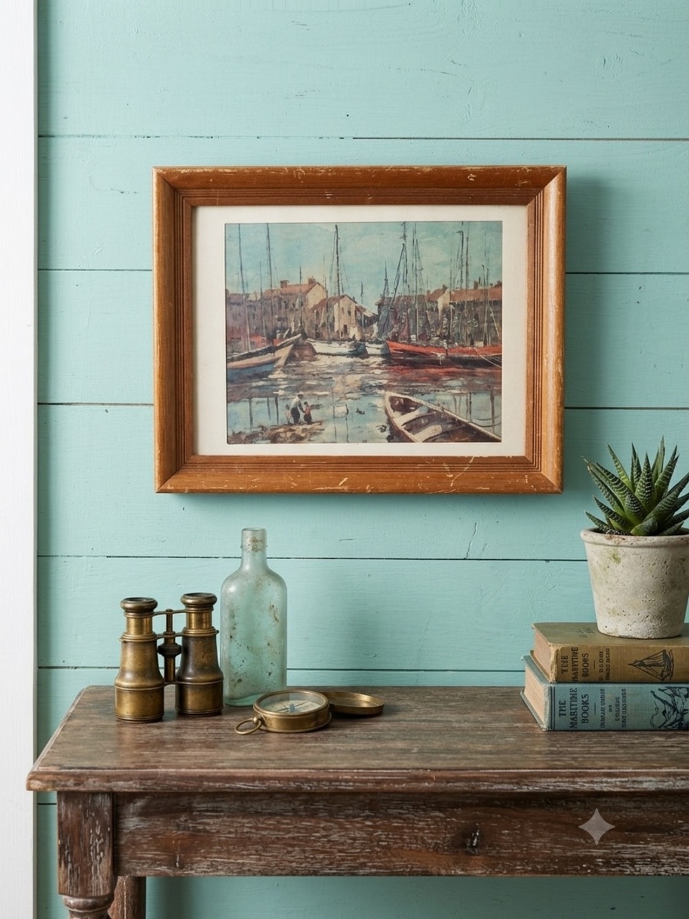 Rustic wood framed Nautical print/ Sailboat Harbor Print/ coastal decor